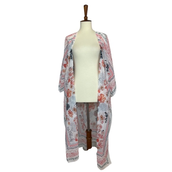 Boho Creamy White Floral Kimono Wrap Beach Coverup - Picture 8 of 16